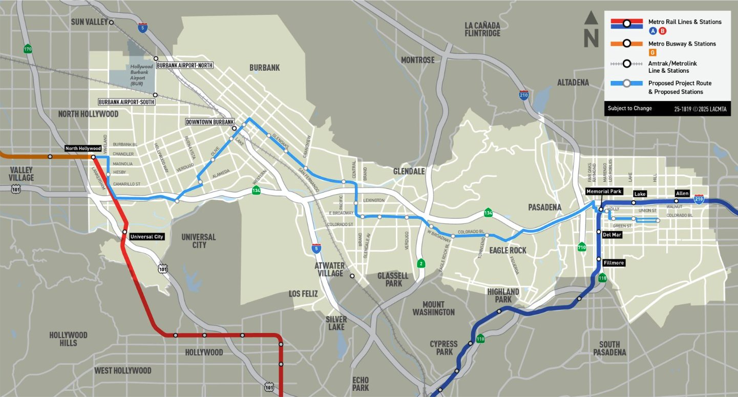 LA Metro proposed Bus Rapid Transit route from North Hollywood to Pasadena, shown in blue passing through Burbank and Glendale