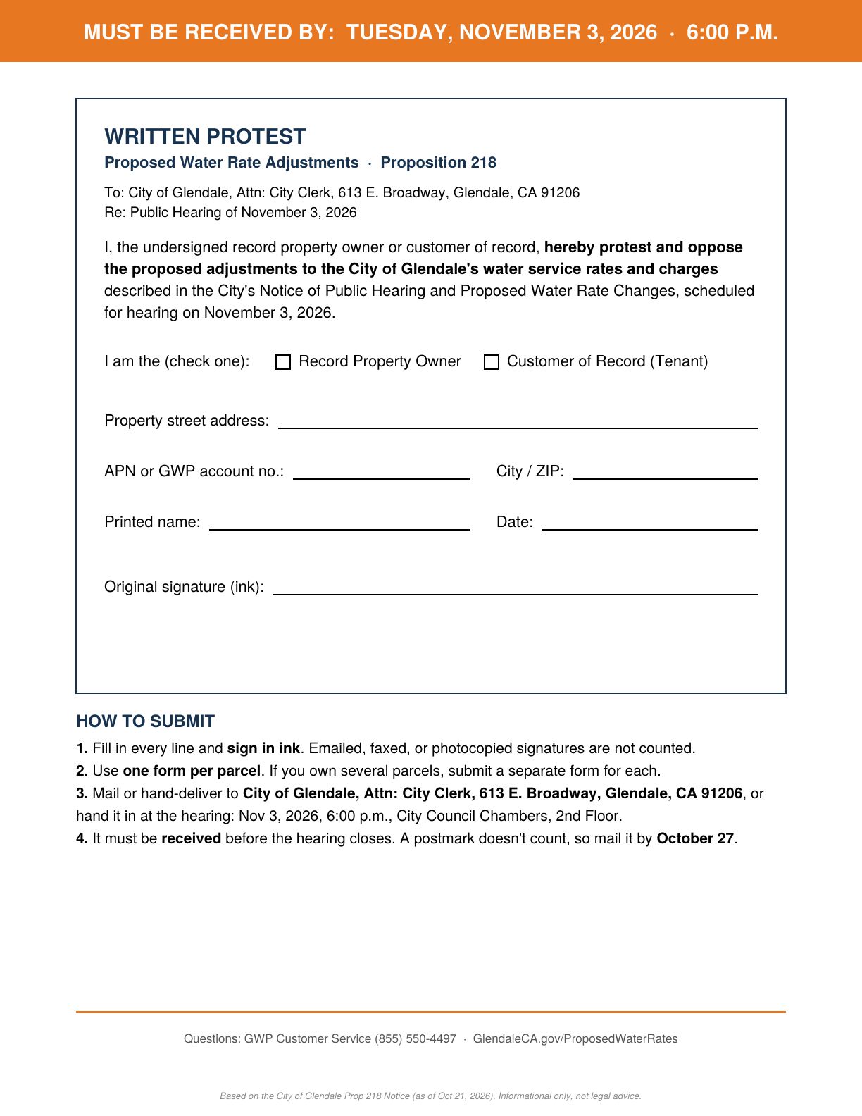 Glendale water rate written protest form with fields for owner or tenant, property address or APN, printed name, date, and signature, plus submission instructions